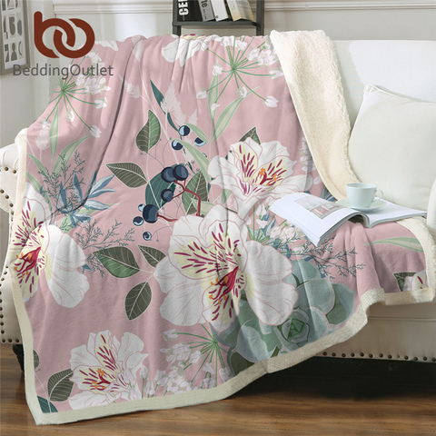 BeddingOutlet-Manta de Sherpa con flores para camas, ropa de cama de felpa Rosa Floral, manta para niñas, manta mullida con hoja de planta, regalo de amor ► Foto 1/6