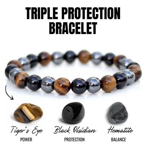 Pulsera de piedra Natural con Triple protección de ojo de Tigre, 8mm, 10mm, hematita, negra, obsidiana, pulsera elástica, joyería ► Foto 1/6