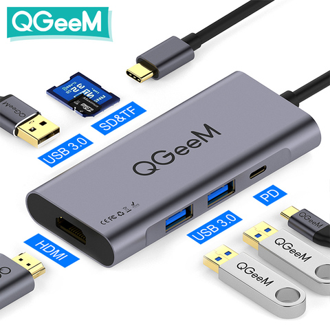 QGeeM 7in1 USB C Huawei P20 amigo 20 de tipo profesional C Hub USB USB-C a 3.0Hub HDMI lector de tarjeta Thunderbolt3 adaptador para MacBook Pro ► Foto 1/6