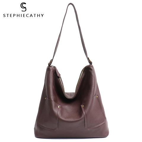 SC italiano de cuero genuino bolso de hombro Casual para mujeres Vintage estilo bolsillos Bolso grande hembra de piel de vaca bolso ► Foto 1/6