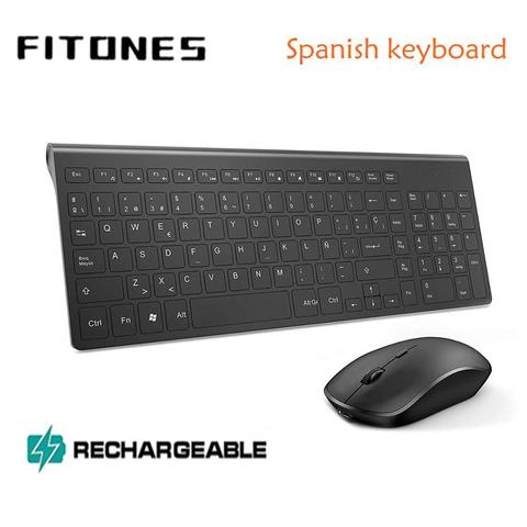 Combinación de teclado y ratón inalámbricos en español, batería recargable de conexión estable de 2,4 gigahertz, negro silencioso portátil ► Foto 1/6