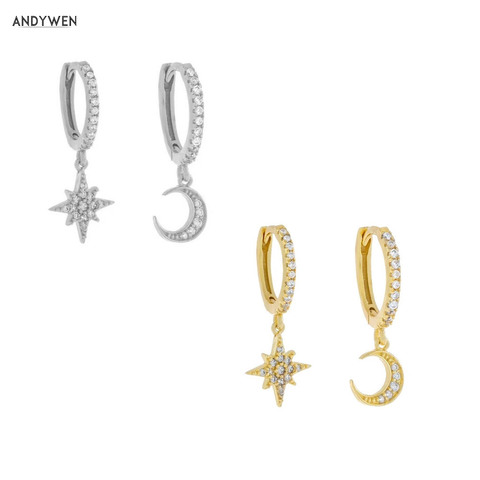 ANDYWEN-Pendiente de gota de Luna y flor de nieve para mujer, de Plata de Ley 925, Piercing, colgante de cristal, joyería de lujo para fiesta ► Foto 1/6