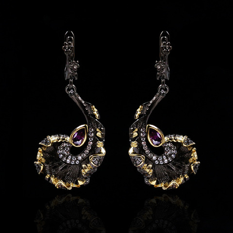 Pendientes creativos de hojas rizadas para mujer, joyería de oro negro, aretes de circonita AAAA, aretes largos de Plata Irregular 925 ► Foto 1/5