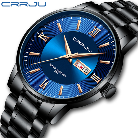 Reloj masculino CRRJU de los hombres relojes de moda reloj de pulsera para hombres de acero inoxidable banda impermeable fecha azul relojes de cuarzo para regalo ► Foto 1/5