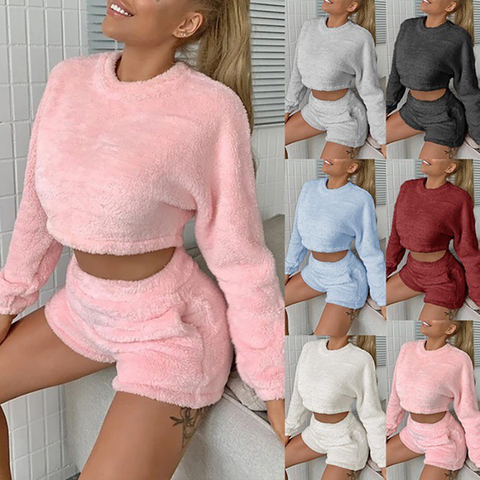 Traje de felpa de cuello redondo para mujer, tops cortos tipo sudadera, pantalones cortos, chándal, 2 uds. ► Foto 1/6