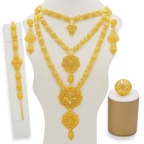 Conjuntos de joyería de Dubái para mujer, conjunto de collar y pendientes dorados para mujer, fiesta de boda de Francia africana, joyería de 24K, regalos de novia de Etiopia ► Foto 1/6