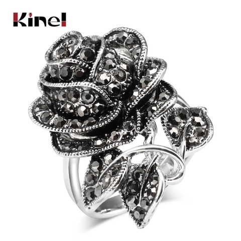 Kinel 2017 anillo Rosa Vintage para mujeres antiguo Color plata negro cristal anillos de regalo de Navidad mezclado al por mayor ► Foto 1/6