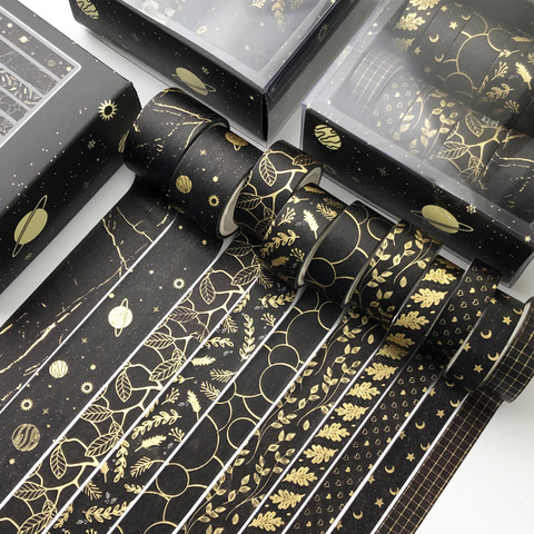 10 unids/set cielo estrellado negro de hojas de oro conjunto de cintas Washi bricolaje decoración planificador de colección de recortes Etiqueta de cinta adhesiva de La etiqueta engomada de papelería ► Foto 1/6
