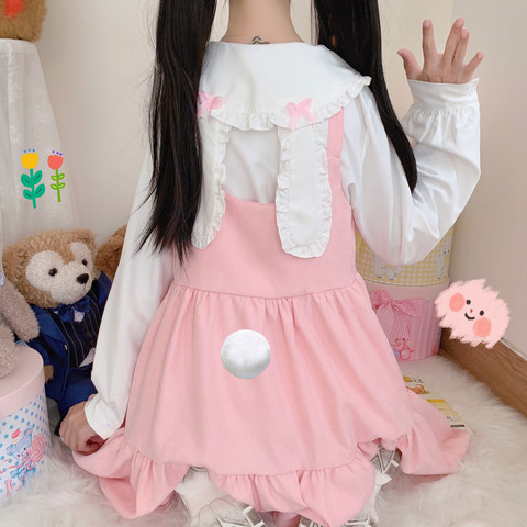 Vestido de dos piezas Kawaii Lolita de Japón, Cosplay de Lolita, camisa con Orejas de conejo y lazo de Loli, dulce, suave, sin mangas, con volantes y tirantes ► Foto 1/6