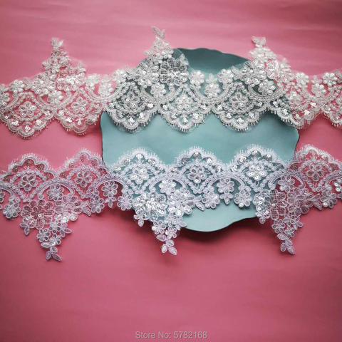 Tela de cordón blanco/Marfil de 1 yarda/13cm, lentejuelas, flor veneciana, ribete de encaje de malla, apliques de costura artesanal para decoración de boda ► Foto 1/6