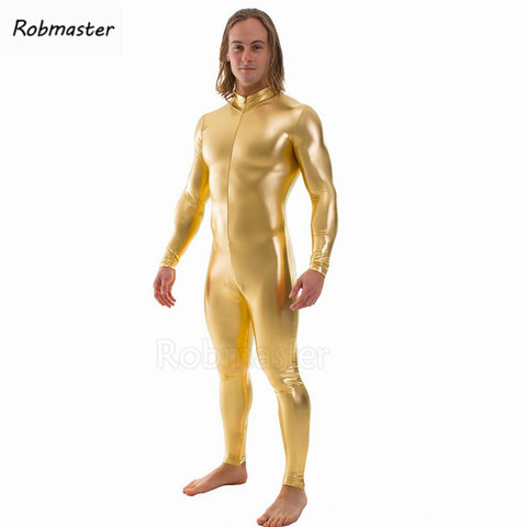 Traje de látex para hombre, traje Zentai dorado, plateado y negro, medias metálicas brillantes, traje Zentai de manga larga con cremallera frontal, body personalizado ► Foto 1/6