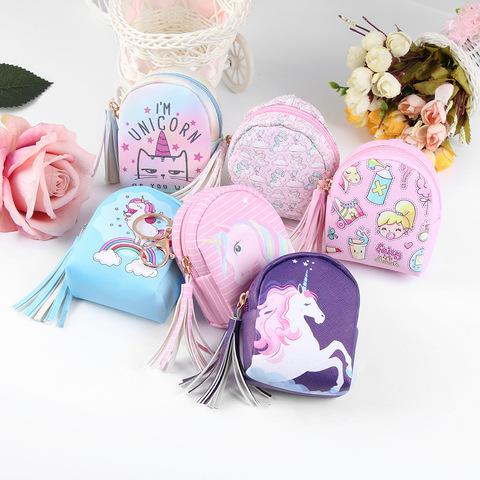 Mini paquete trasero con borla de dibujos animados para mujer, monedero, auriculares, auriculares, monedero bolsa de monedas para niños, llavero con unicornio, PU, cremallera, cartera pequeña ► Foto 1/6