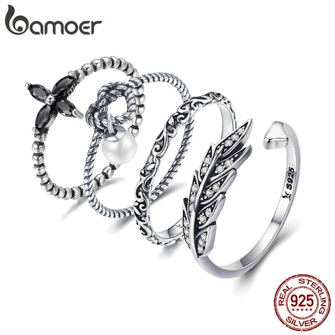 BAMOER Retro ennegrecimiento de anillos de dedo para mujeres Vintage anillo negro auténtica Plata de Ley 925 bien Punk estilo Industrial ► Foto 1/6