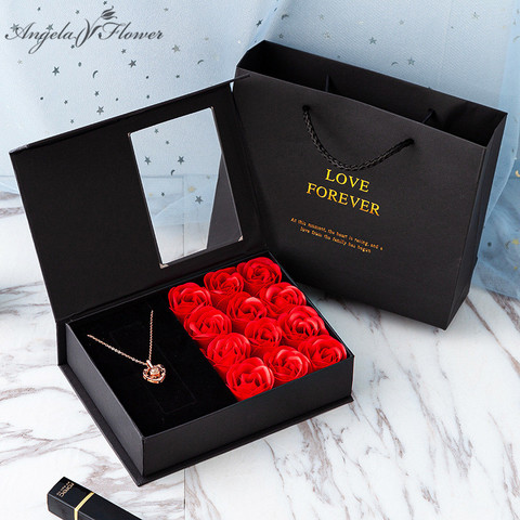 Flor de jabón + caja de regalo + bolsa de transporte anillo pendiente collar joyería ventana caja de almacenamiento boda fiesta San Valentín regalos manualidades ► Foto 1/1