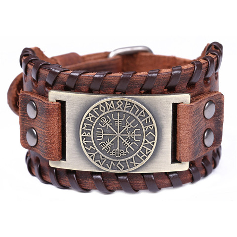 Mi forma Viking Vegvisir brújula brazaletes nórdico Runes Odin símbolo del abrigo del cuero genuino hombres joyería Accesorios ► Foto 1/6