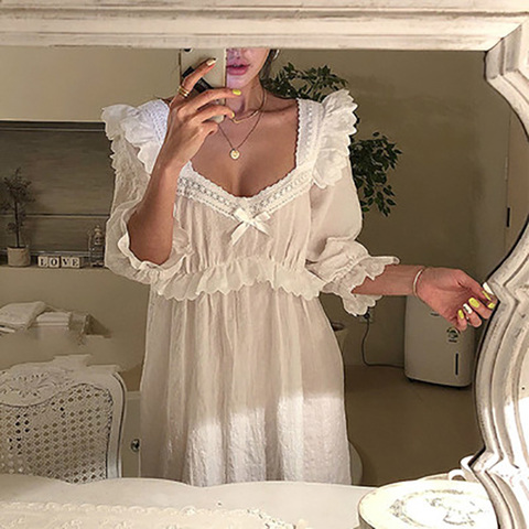 Las nuevas mujeres de Lolita vestido de encaje blanco de cuello cuadrado princesa Sleepshirts Vintage Camisones para mujer camisón lindo salón ropa de dormir ► Foto 1/6