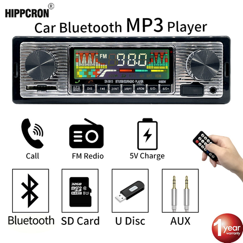 Hippcron Radio de coche 1 DIN ESTÉREO FM Bluetooth MP3 reproductor de Audio del teléfono móvil manos libres Digital USB/SD con Dash entrada Aux ► Foto 1/6