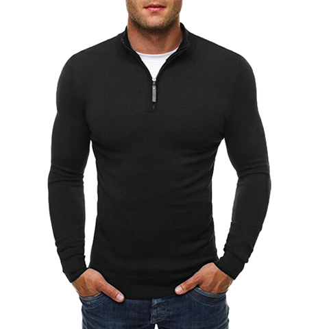 Suéter de otoño para hombre, suéter Casual liso con cuello levantado, vestido ajustado con cremallera, suéter fino de punto para hombre, suéteres ► Foto 1/6