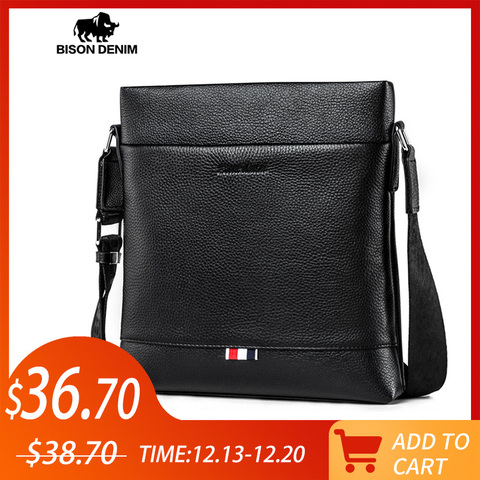 Bolso vaquero BISON de piel auténtica para hombre, bandolera de negocios informal, iPad, bolso mensajero para hombre, bolsas negras clásicas para hombre N2821 ► Foto 1/6