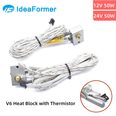 Bloque de aluminio de calentamiento V6 + termistor NTC100K con terminal XH2.54 + Tubo de calentamiento de 12V/24V 50W para piezas de impresora 3D V6 j-head Hotend ► Foto 1/5