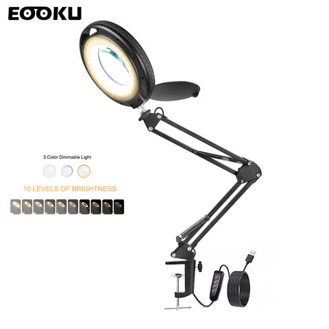 EOOKU-lupa plegable de 8W para escritorio, lámpara de mesa por USB, 5X, 3 colores, 10 niveles de atenuación, con cubierta antipolvo para lectura profesional ► Foto 1/6