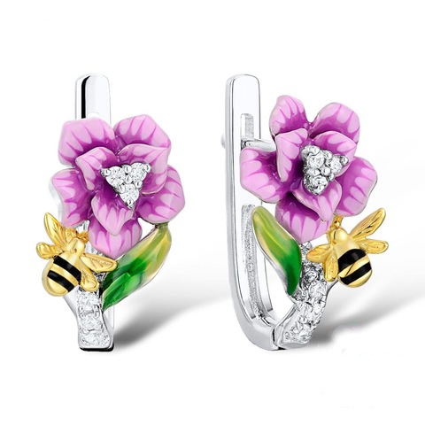 Pendientes colgantes bohemios para mujer, de plata, flor de abeja, esmalte púrpura de alta calidad, aretes de animales de circonita, joyería para fiesta y boda ► Foto 1/2