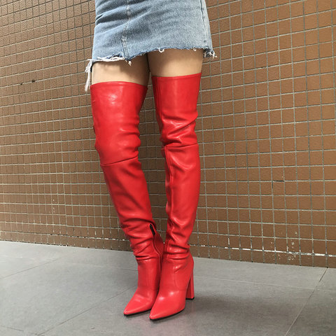 Las mujeres Sexy de alta del muslo botas para mujeres punta tacón de bloque de la hasta la rodilla botas de invierno de 2022 nuevo Botas Largas Rojo Negro Beige ► Foto 1/6