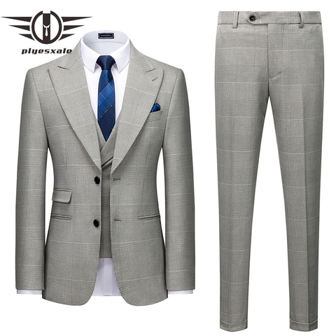 Plyesxale-traje de tartán gris para hombre, traje de tres piezas de alta calidad para boda, Vestido de fiesta de graduación, cena, Navidad, Q1117 ► Foto 1/6