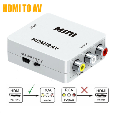 HDMI a RCA AV/Adaptador CVBS HDMI caja convertidora de vídeo HD a RCA AV/CVSB L/R Video 1080P Mini HDMI2AV compatible con NTSC y PAL ► Foto 1/6