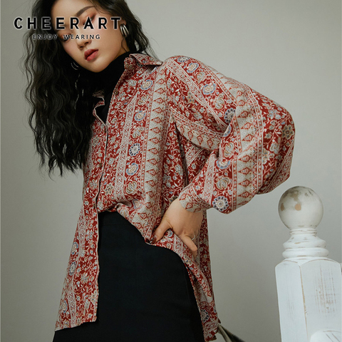 CHEERART-camisas florales Vintage para mujer, camisa con botones de manga larga roja, blusa con manga de linterna, ropa coreana, 2022 ► Foto 1/6