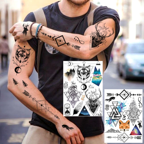Tatuajes temporales triangulares de lobo para niños y hombres, tatuaje de flor de alce falso, brazo, manos, montaña, pluma, onda geométrica ► Foto 1/6