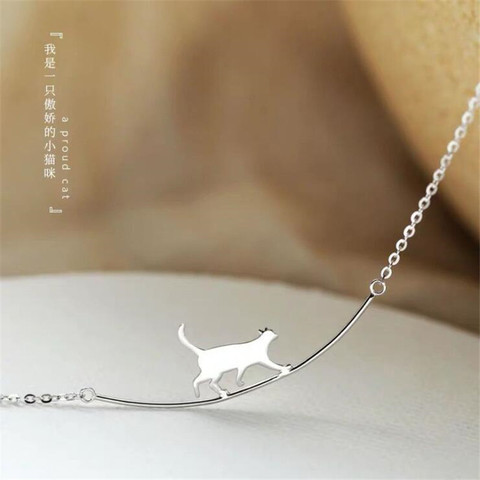 Collar de cadena para clavícula de gato, joyería de plata de ley 925, curvada, sencilla, Animal lindo, para gato que camina, N090 ► Foto 1/4