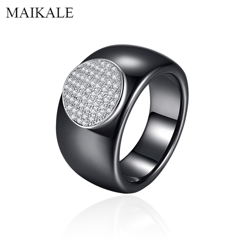 MAIKALE-anillos de cerámica blanca y negra de lujo para mujer, Color plateado, circonita grande, redonda, ancha, para boda, regalos de joyería para fiesta ► Foto 1/6