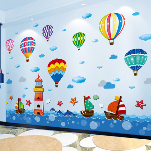Shijuekongjian-pegatinas para la pared de barcos con faro, globos coloridos, decoración para habitación de niños y dormitorio ► Foto 1/5