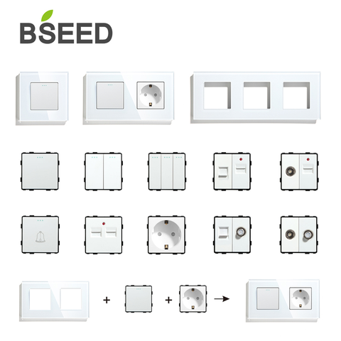 BSEED-enchufe de Panel estándar para el hogar, interruptor con marco de cristal, blanco y negro, para mejorar el hogar ► Foto 1/6