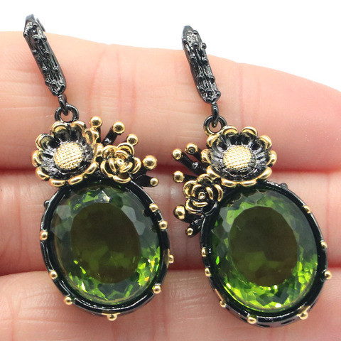 Conjunto de joyería Vintage neogótico de 47x18mm para mujer, 18g, 18x15mm, pendientes con colgante de flor de peridoto verde, ropa de diario de oro negro ► Foto 1/5