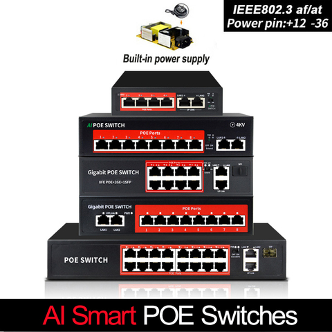 Interruptor POE de 48V con 8 puertos de 100Mbps, conmutador ethernet IEEE 802,3 af/at adecuado para cámara IP/AP inalámbrico/cámara POE ► Foto 1/5