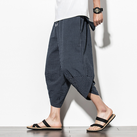 Pantalones de Harem de algodón de los hombres de verano de 2022 japonés Vintage a rayas de los hombres mujeres Hip Hop de talla grande ancho pierna pantalones Pantalon ► Foto 1/5