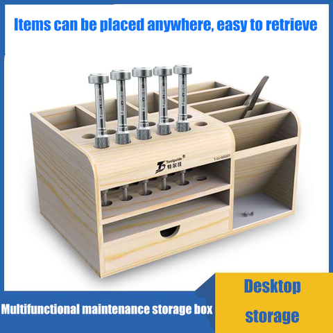 Caja de almacenamiento de madera con guía de herramientas, destornillador, soporte para pinzas, reparación de teléfonos móviles, escritorio, recepción, caja de piezas ► Foto 1/6