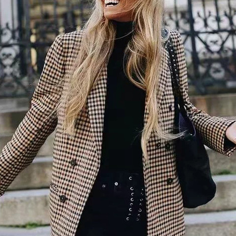 2022 cuadros abrigo estilo Blazer para mujeres Retro doble-breasted traje de celosía chaqueta hombro almohadillas chaqueta Blazer abrigos femeninos británica de Nueva ► Foto 1/6