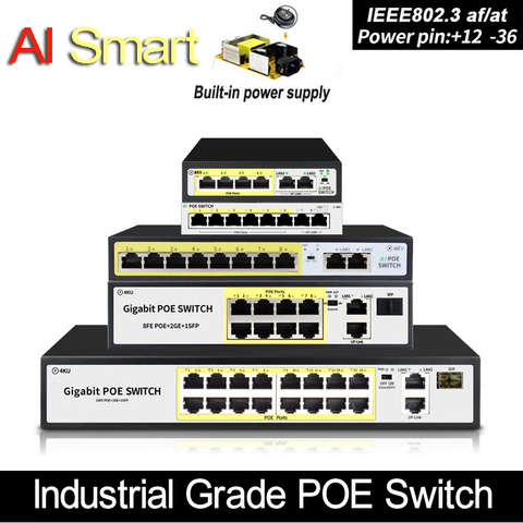 Interruptor Ethernet de 4 puertos, conmutador POE de 48V con IEEE 802,3 af/at adecuado para cámara IP/AP inalámbrico/sistema de cámara CCTV ► Foto 1/5