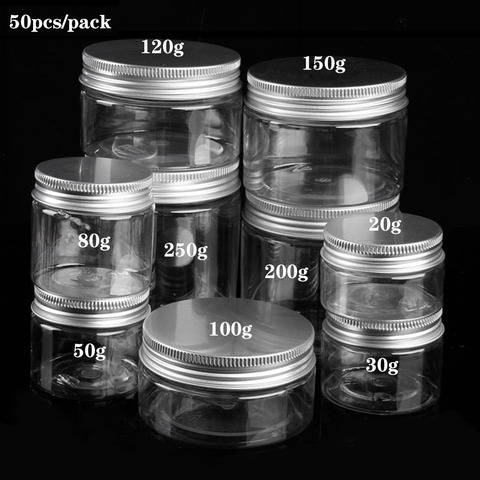 50 unids/set 20g 30g 50g 100g 120g 150g frasco de plástico con tapas de rosca de estaño contenedor transparente cosmética vacía de crema en polvo Pot caja de maquillaje ► Foto 1/6