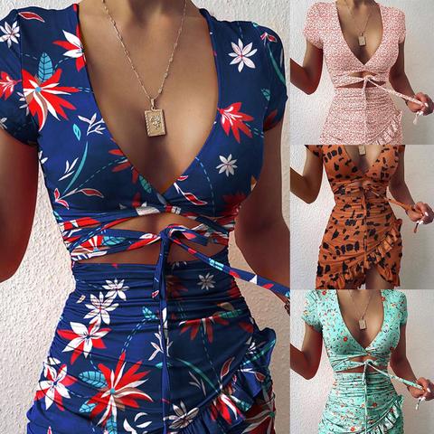 Slim moda Bohemia vestido de las mujeres con cuello en V de manga corta de encaje bohemio Floral imprimir Irregular vestido Midi vestido streetw ► Foto 1/6