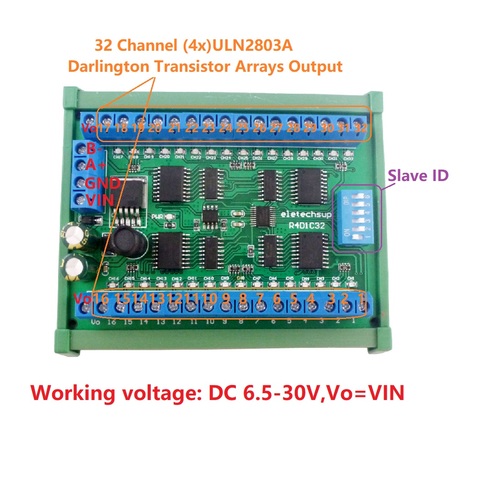 Caja de riel DIN35 C45 RS485 Modbus RTU ULN2803A, controlador de Transistor Darlington, placa de expansión PLC IO, CC de 12V, 24V, 32 canales ► Foto 1/6