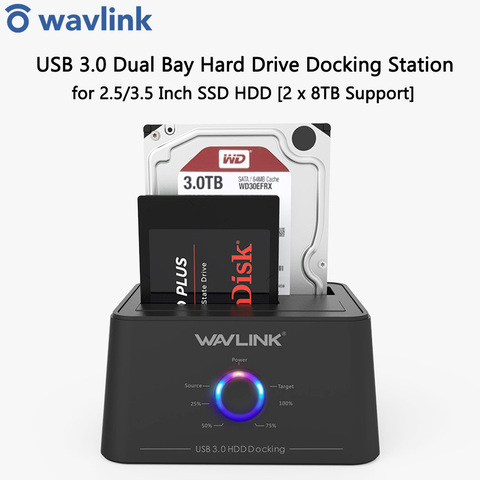 Wavlink-estación de acoplamiento para disco duro externo, dispositivo de alta velocidad USB 3,0 a SATA de doble bahía, 5Gbps, para SSD HDD de 2,5/3,5 pulgadas, clon rápido sin conexión ► Foto 1/1