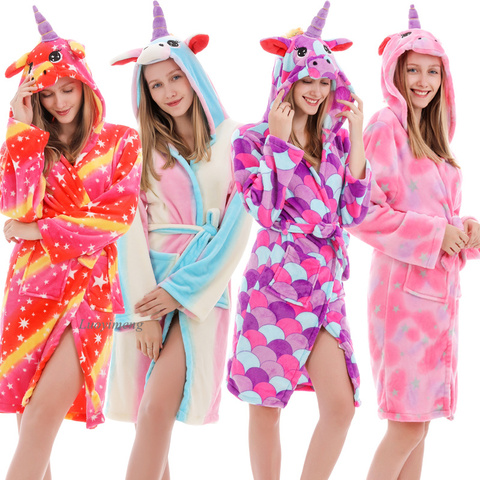 Bata de dormir Unisex de franela con viñetas de animales para adultos, ropa de baño de unicornio para invierno ► Foto 1/6