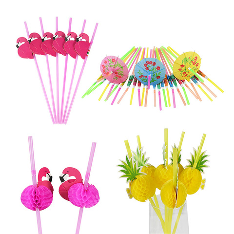 25/50 uds Flamingo pajitas Tropical paraguas de jugo de piña de paja de verano Hawaii Beach suministros de fiesta de cumpleaños ► Foto 1/6