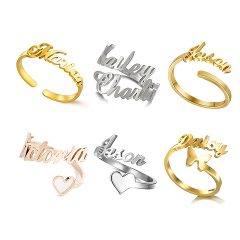 Skyrim-anillos de doble nombre personalizados para mujer, sortija ajustable de acero inoxidable, Color dorado, placa con nombre personalizada, regalo de joyería familiar ► Foto 1/6