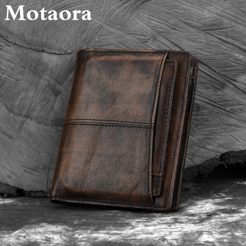 Motaora-cartera de piel de vaca desgastada para hombre, monedero corto Vintage, billetera de cuero genuino ► Foto 1/6