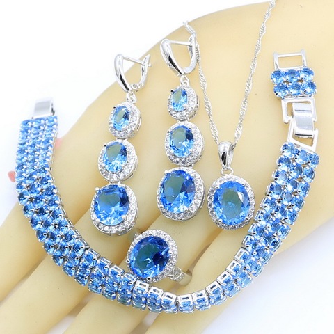 Conjunto de joyas semipreciosas de Color azul claro para mujer, pulsera de boda, collar, colgante, pendientes, anillo con caja de regalo ► Foto 1/6
